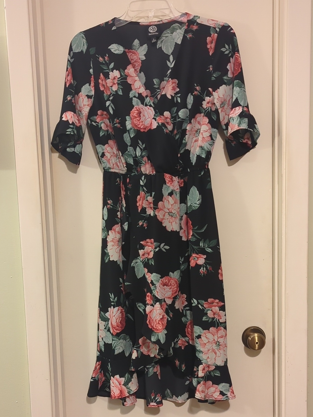 bobeau Black Midi Dress with Pink Floral Print